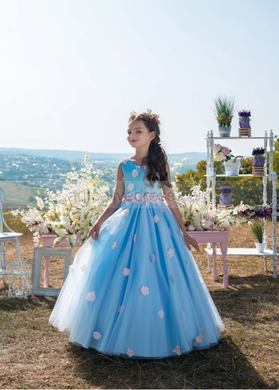 Blue Flower Appliques Long Fairytale Flower Girl Dress